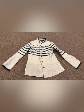 EUC! Hatch Cream Navy Ribbed Trim Knit Women's Cardigan Sweater S